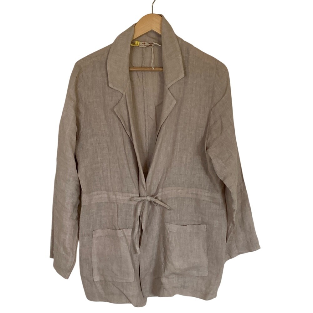 Lands Downunder Women's Tan Linen‎ Tie Front Jacket Size Large Long Sleeve
